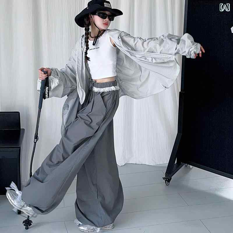 Pants Set - 女児用 ワイドパンツ 春夏 レディースキッズ レース 花辺 ゆったり 工装パンツ 綿混紡 柔らか素材 高腰 長ズボン 純色 潮范 糖果カラー 接触冷感 軽量 通学 普段使い 120cm〜170cm