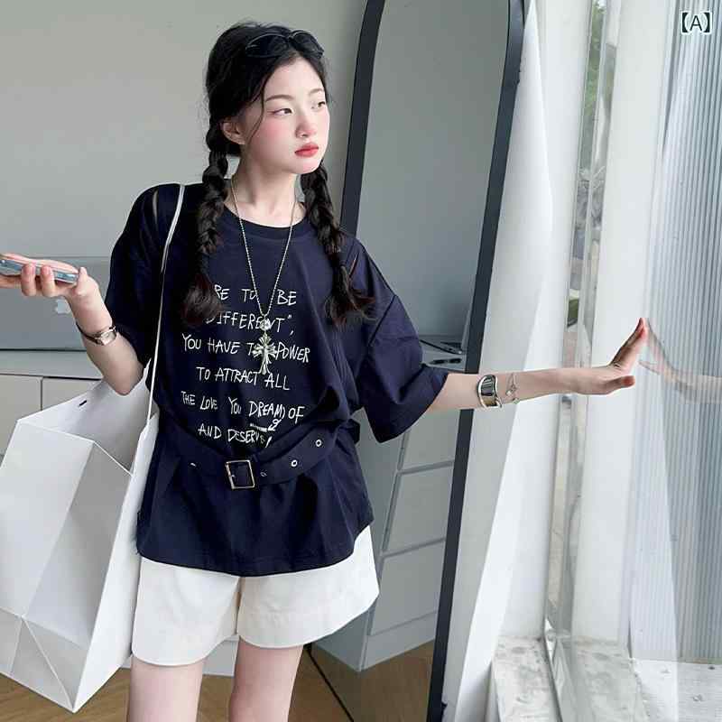 女児 Tシャツ キッズ 女の子 春夏 夏季 韓系 ゆったり ルーズ ワイド シルエット 収腰 スリム 効果 丸首 短袖 トップス 字母 プリント コットン 混紡 再生繊維 吸湿 速乾 柔軟 接触冷感 ネイビー ホワイト 普段使い 通学 カジュアル かわい