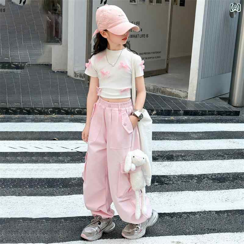 女児 キッズ 女の子 中大童 レディース 短袖 トップス セット 上下 セット 長ズボン 工装パンツ 薄手 夏 夏季 綿混紡 再生繊維 柔軟 接触冷感 純色 ホワイト ブラック ピンク クール 潮 韓国風 薄型 軽量 通学 普段使い カジュアル