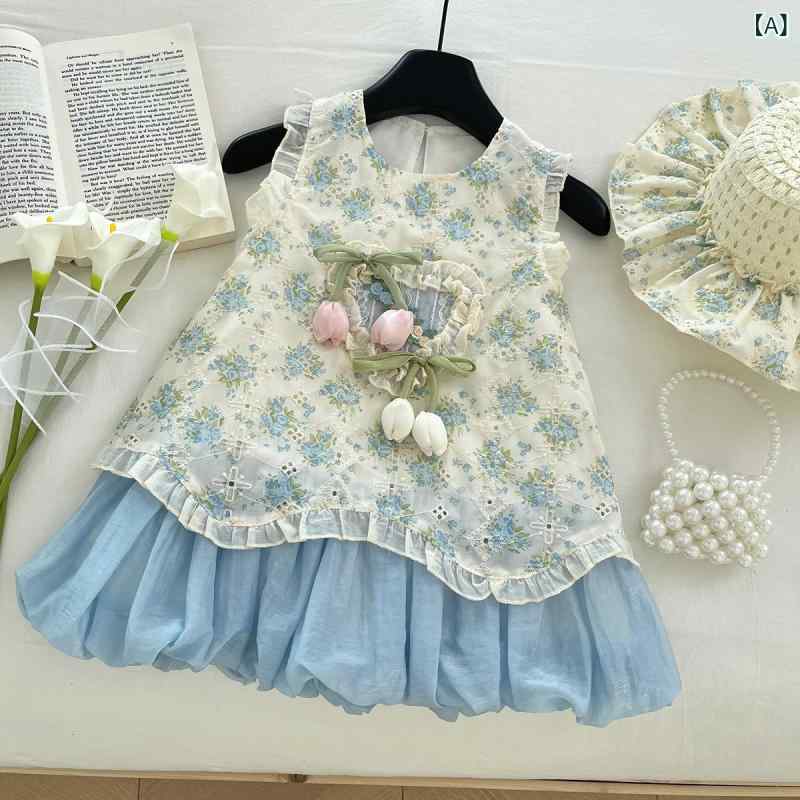 ・カテゴリ: キッズワンピース・スタイル: プリンセス・対象性別: 女の子・対象年齢: 3～8歳 (身長100～140cm)・主な素材: 表地 テンセル75%、ナイロン25%・裏地素材: ポリエステル95%、綿5%・袖丈: ノースリーブ・スカートスタイル: プリンセスライン・柄: 花柄・デザイン: 配色・生地加工: 柔軟加工・カラー: ブルー・サイズ展開: 90cm、100cm、110cm、120cm、130cm、140cm、150cm