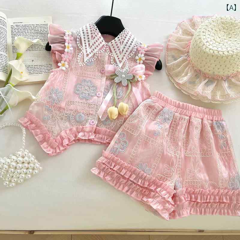 乐天商城 - キッズ 女の子 プリンセス 立体花柄 フリル袖 トップス ショートパンツ セット 夏 薄手 柔らか ポリエステル 蝶結 リボン 花辺 かわいい ピンク 短袖 薄型 子供服 2点セット 通学 普段使い