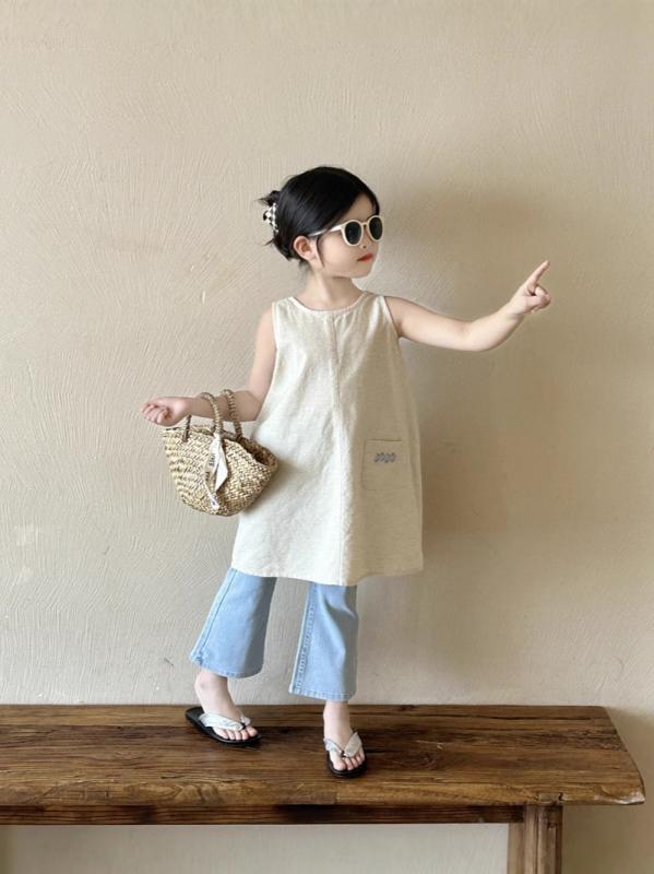 Dresses - 女児 ワンピース キッズ 女の子 夏 春夏 接触冷感 綿 90% 純色 背心 吊り帯 ノースリーブ A字スカート 無袖 スカート かわいい ベビー 子供服 通学 普段使い 軽量 伸縮性 吸湿速乾 米色 アイボリー 潮范 スタイル