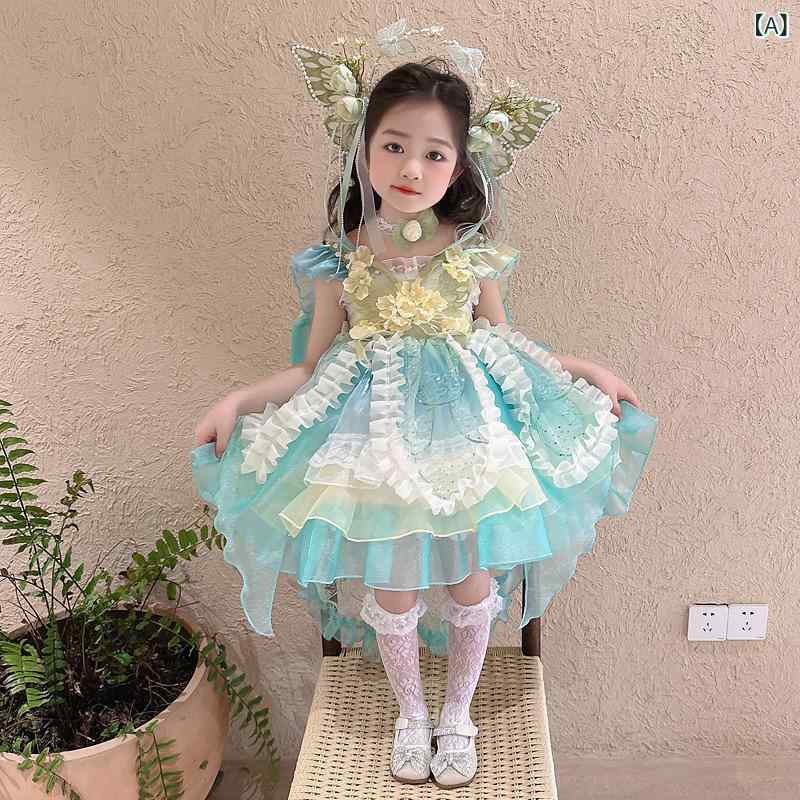 女児 ワンピース ロリータ 吊り帯 プリンセススカート 緑 夏 かわいい 子ども 女の子 中小童 接触冷感 ポリエステル 混紡 柔軟 加工 軽量 通気性 好 カジュアル カード 柄 プリンセス 風 緑色 グリーン スカート ドレス 女児服 夏服 子ども服