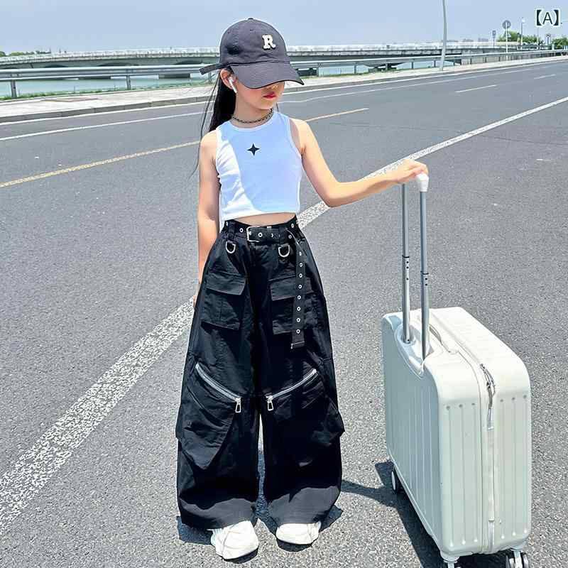 Rakuten - 女の子 トップス 長ズボン セット ジャズダンス ヒップホップ ストリートダンス 夏服 キャミソール 無袖 薄手 綿混紡 柔らかい 接触冷感 純色 ホワイト ブラック 工装パンツ 潮 韓風 中大童 長パン セットアップ ダンスウェア 街頭ファッション