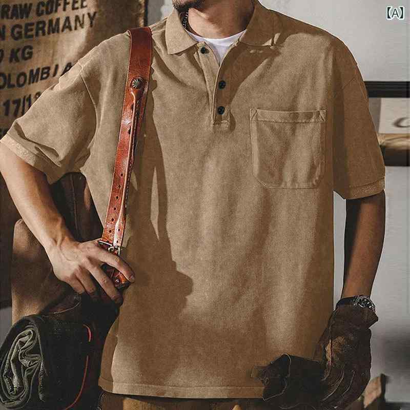 Tシャツ メンズ 短袖 翻領 ボタン ルーズフィット 欧州風 レトロ 水洗加工 重厚 ポリエステル 速乾 透気 吸湿排汗 防汚 ポケット 無地 夏季 復古ブラウン 石墨グレー ネイビー ブラック アーミーグリーン ゆったり 日常使い
