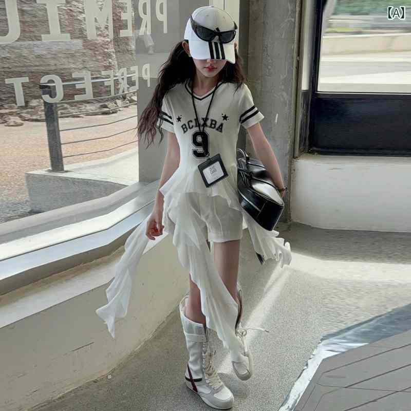 女児 トップス セット 夏 かわいい 不規則 デザイン フリル 短袖 上衣 ミニ ショー...
