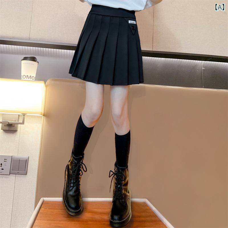 长裤短裤套装 - 女の子 プリーツスカート 半身スカート JK風 学院風 春夏 秋冬 中大童 女児服 綿混紡 醋酸繊維 柔軟素材 純色 ブラック 百褶 かわいい 潮范 百搭 通学 普段使い カジュアル