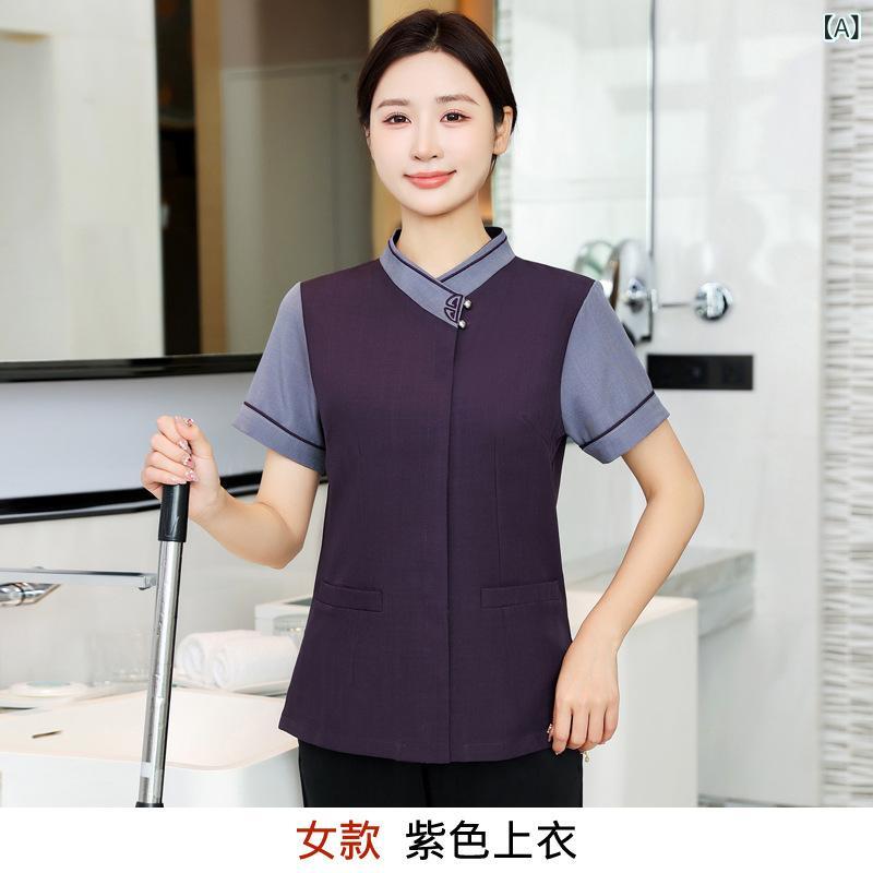・カテゴリ: 服装・スタイル: 保洁服・対象性別: 男女兼用・機能: 吸湿速乾・ボトムス丈: 長ズボン・主な素材: 綿（30%未満）、ポリエステル（80%以上90%未満）・カラー展開: パープル、ネイビー、ライトブルー、ブラウン、ブラック・サイズ展開: L、XL、XXL、XXXL、4XL、5XL、6XL・上下分類: トップス・袖型: レギュラースリーブ・袖丈: 半袖・ネックライン: スタンドカラー
