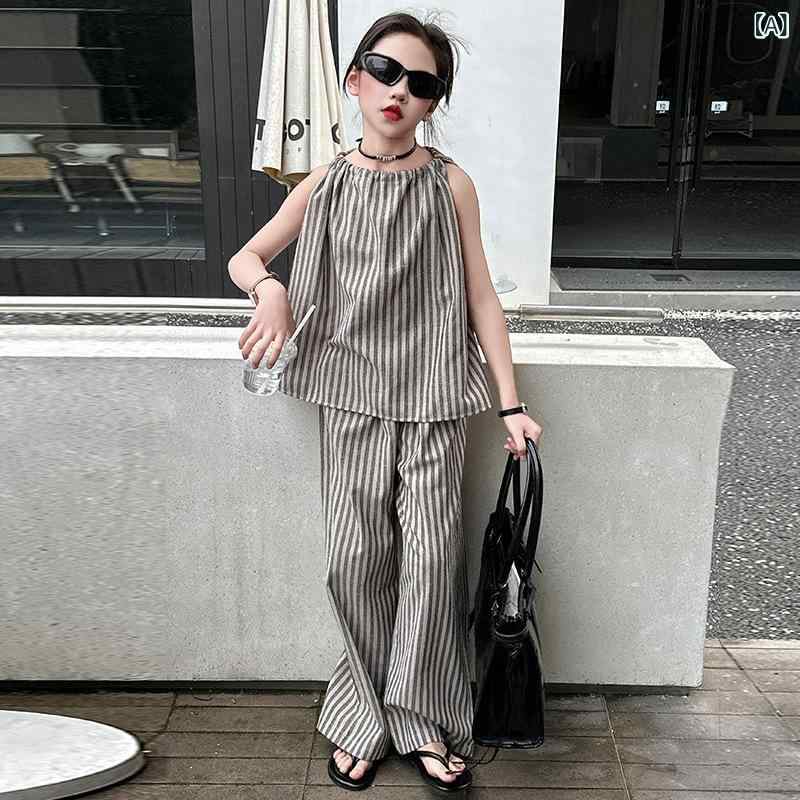 樂天商城 - 女児 トップス 無袖 背心 縦ストライプ 吊り下げ ワイドレッグパンツ ロングパンツ 夏 子供 女の子 薄手 綿混紡 柔らかい 接触冷感 純色 ストリートスタイル 韓風 潮 セットアップ 120〜170cm