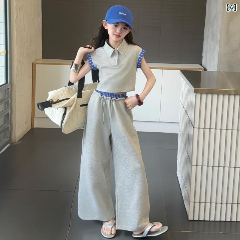 乐天商城 - 女児 トップス ポロカラー 切り替え トップス 格子柄 ゆったり ワイドパンツ セット 女の子 子供服 夏 薄手 綿混紡 柔らかい 接触冷感 吸湿速乾 短袖 長ズボン カジュアル 普段使い 120cm〜170cm
