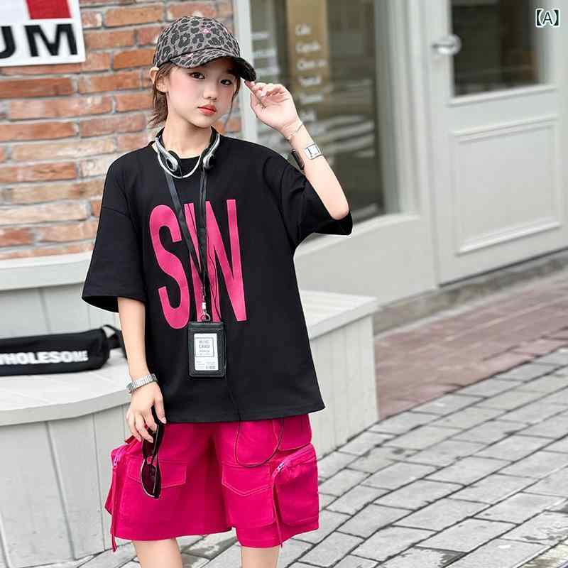 乐天商城 - 女児 キッズ 女の子 夏季 春夏 セットアップ 2点セット 短袖 Tシャツ トップス 綿混紡 柔軟 薄手 セット頭 ピュアカラー アルファベット柄 バラ色 ローズレッド 蛍光グリーン 130cm 140cm 150cm 160cm 170cm 180cm