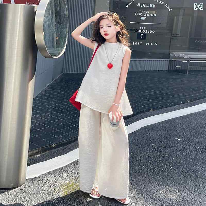 乐天商城 - 女の子 キッズ 夏 無袖 背心 トップス セットアップ ゆったり ルーズ ワイドパンツ クロップド 長ズボン 薄手 綿混紡 柔らか素材 接触冷感 純色 米色 アイボリー ピスタチオ カジュアル 普段使い 伸縮性 吸湿速乾 子供服 セット
