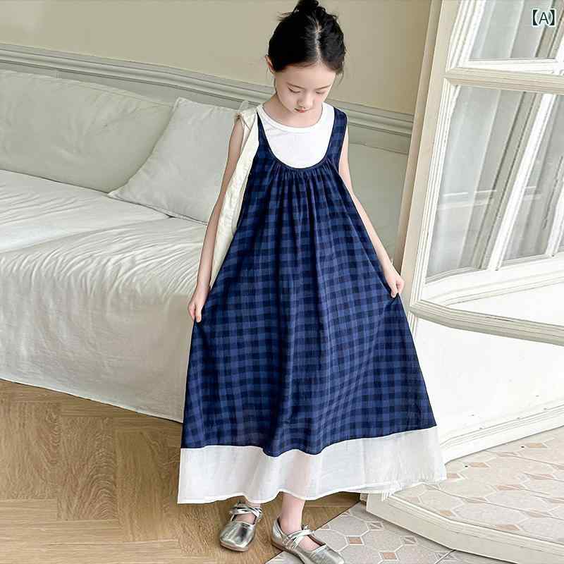 Long-Trousers, Trousers - 女児ワンピース 女の子 吊り帯 背心 ロングスカート 2点セット 夏 格子柄 かわいい 甘め プリンセススカート 綿混紡 醋酸繊維 柔軟 接触冷感 ドーパミンカラー トレンド 軽量 通学 普段使い