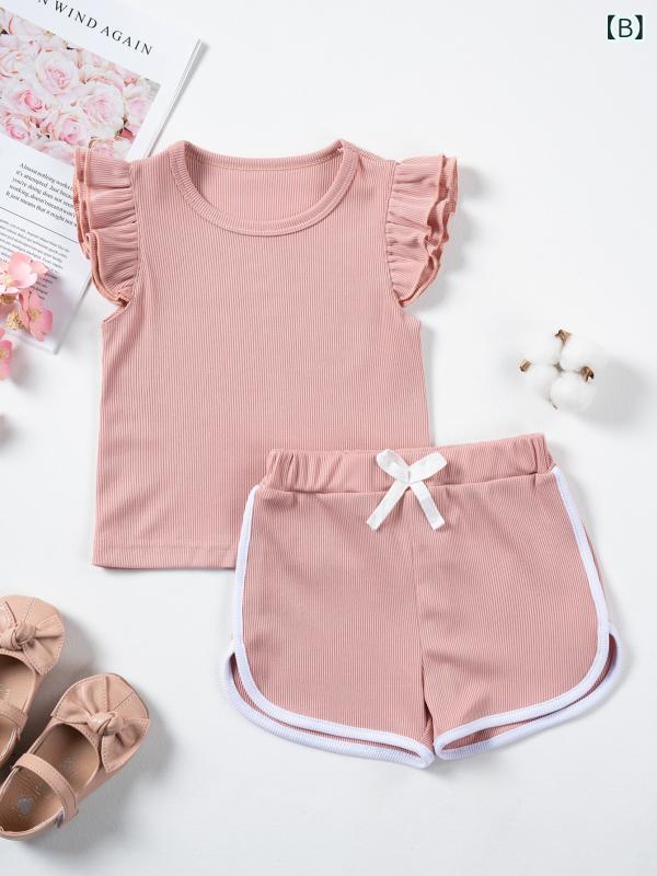 女の子 トップス ショートパンツ セット 夏 かわいい 甘め スタイル ストライプ 切り替え ノースリーブ 薄手 化繊 ポリエステル 緑 ピンク 紫 青 動きやすい 涼しい 3〜8歳 中小童 普段使い 欧米風 蝶結び アクティブ スポーツ 2