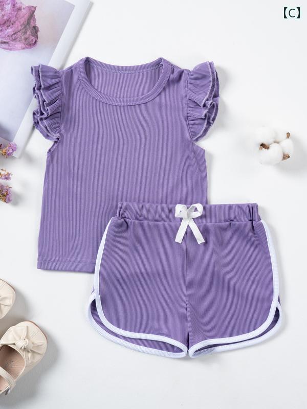 女の子 トップス ショートパンツ セット 夏 かわいい 甘め スタイル ストライプ 切り替え ノースリーブ 薄手 化繊 ポリエステル 緑 ピンク 紫 青 動きやすい 涼しい 3〜8歳 中小童 普段使い 欧米風 蝶結び アクティブ スポーツ 3