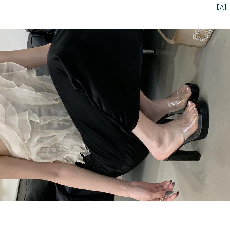 乐天商城 - サンダル 女性用 防水 厚底 透明 PVC 方頭 工字型 ゴム底 PU内張り ブラック 杏色 夏 軽量 通気性