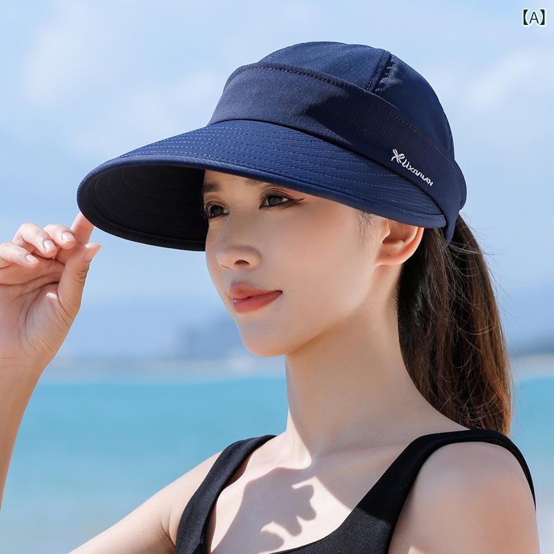 For Women - 空頂帽子 レディース 韓国風 夏 春夏 防晒 顔隠し 運動 大つば 遮陽 鴨嘴帽 自転車用 透気 護頸 調整可能 ポリエステル 刺繍 自然風 かわいい 軽量 ネイビー ブラック ベージュ ピンク ライトブルー ラベンダー