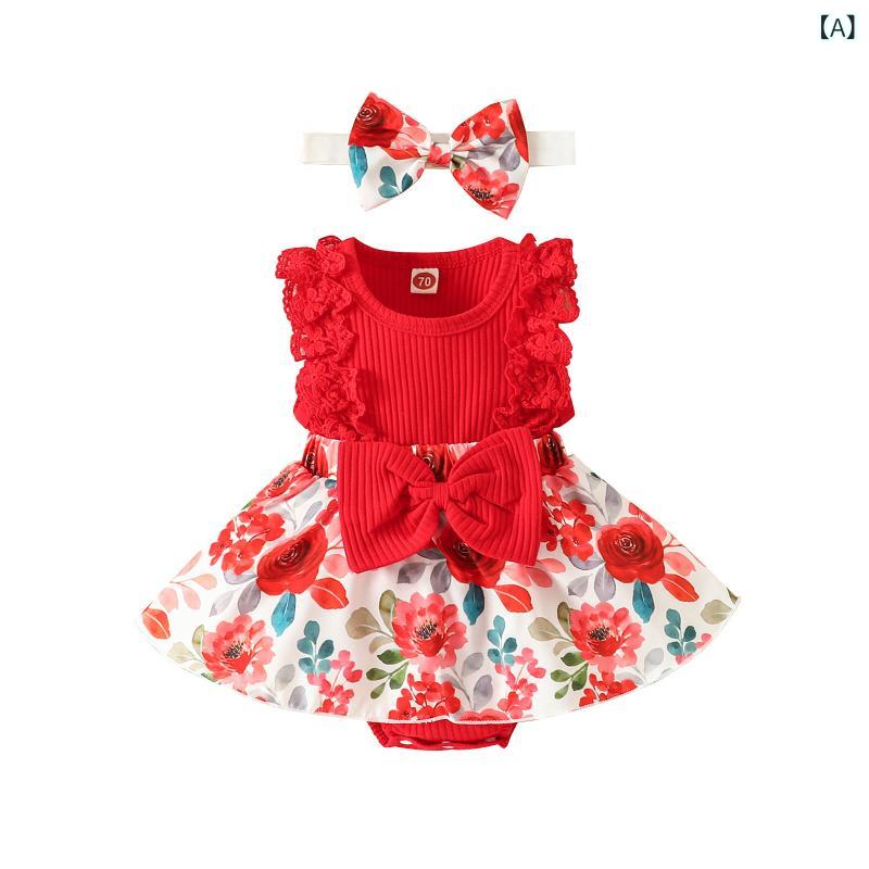 Top & Bottom Sets - ベビー女の子 夏 トップス スカート セット 無袖 切り替え 花柄 フリル ピッタリ 綿混 柔らか素材 薄手 赤 ピンク 白 黄色 ベージュ 70cm 80cm 90cm 100cm 新生児 赤ちゃん 普段使い かわいい