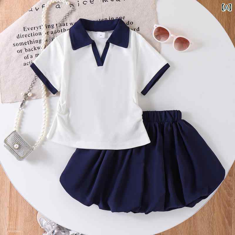 女児 キッズ 女の子 セットアップ 夏 春夏 薄手 コットン 綿 柔らか素材 短袖 翻領 Tシャツ トップス 雲模様 花柄 フレアスカート 短めスカート かわいい シンプル 欧美風