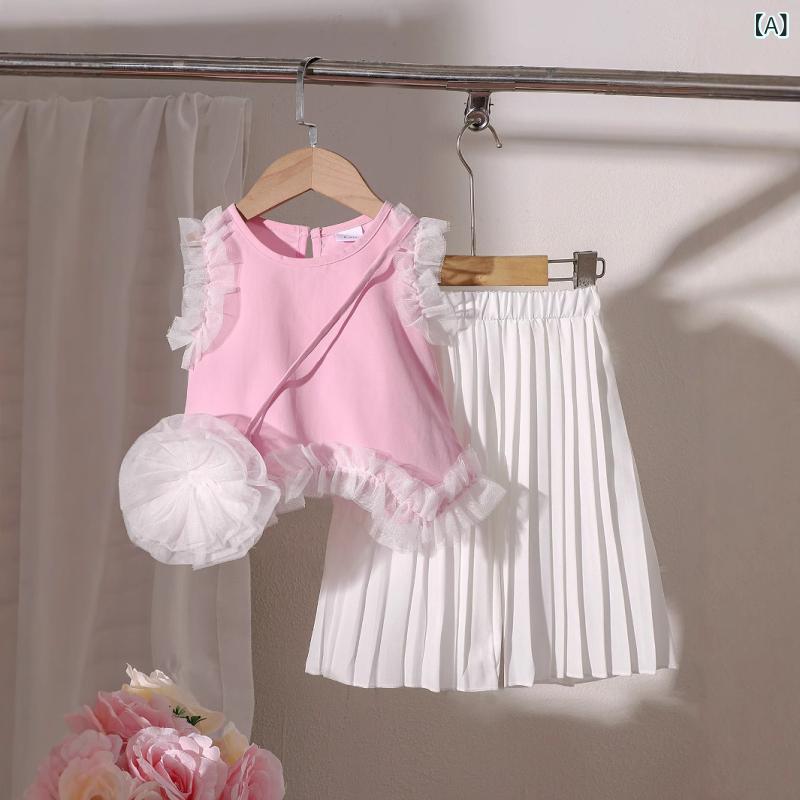 Top & Bottom Sets - 女児 トップス 長ズボン ショルダーバッグ 3点セット 夏 レディースキッズ 無袖 背心配 百褶 レース 花辺 ピンク グリーン イエロー 綿 薄手 柔らか素材 かわいい 甘め 普段使い 通学
