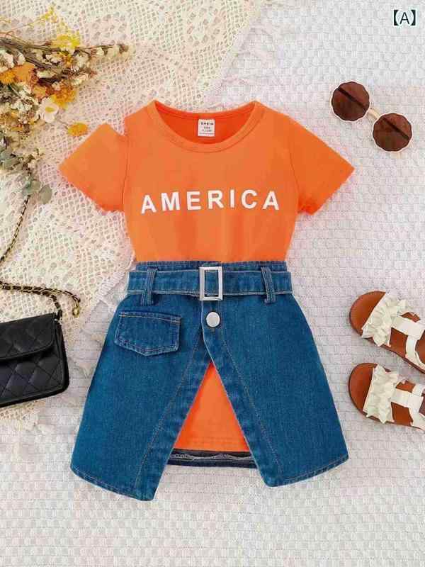 女児服 女の子 スカートセット トップス 半身スカート 牛仔 ハイウエスト 露肩 短袖 オフショルダー アルファベット柄 かわいい 夏 秋 薄手 綿素材 柔らかい 薄型 オレンジ ホワイト ブラック 赤ちゃん 幼児 1-3歳 普段使い カジュアル