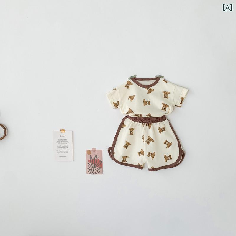 ベビー 男女兼用 韓風 夏 セットアップ かわいい クマ プリント 短袖 トップス 短...