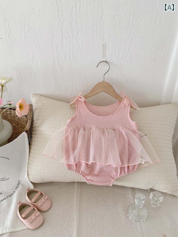 ベビー 女の子 連体服 プリンセスドレス 純色 ピンク 薄手 綿 ノースリーブ 吊り帯 ハーネス かわいい 蝶結び 装飾 薄型 夏用 66cm 73cm 80cm 90cm 新生児 クロール服 韓流風 薄手コットン 涼しい 通気性 肌触り良い プ