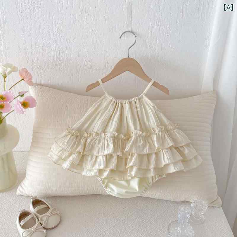 ベビー 女の子 連体服 ワンピース 吊り紐 フリル プリンセス スカート 無袖 薄手 綿 人棉 接触冷感 春夏 ピーチカラー 新生児 66cm 73cm 80cm 90cm 韓風 薄型 セットアップ