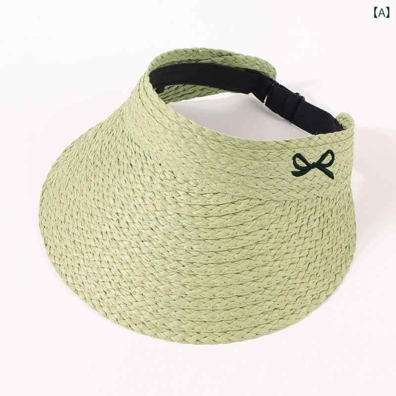 空頂帽 レディース 春夏 蝶結刺繍 シンプル 麦わら帽子 編み 緑 卡其 ベージュ 大...