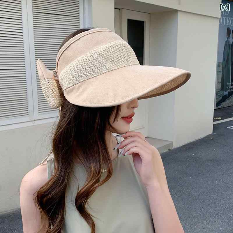 空頂帽子 女性用 春夏 秋 防晒 遮陽 帽 広檐 無頂 綿麻 速乾 透気 護頸 米白 卡其...