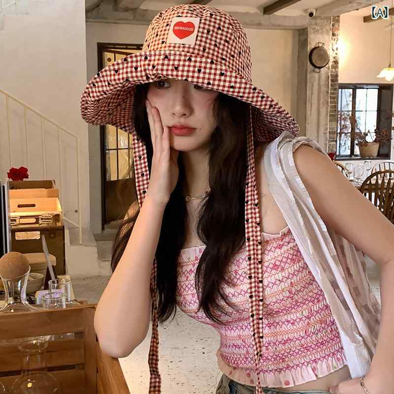 Knit Hat - 漁夫帽 レディース 韓国風 ハート刺繍 紐付き 大 brim 紫外線カット 折りたたみ ピンク ブラック イエロー パープル ネイビー 透気性 遮陽 春夏 ジャカード柄 百搭 休闲 スポーツ シンプル ナイロン ファッション 通勤 普段使い 軽量