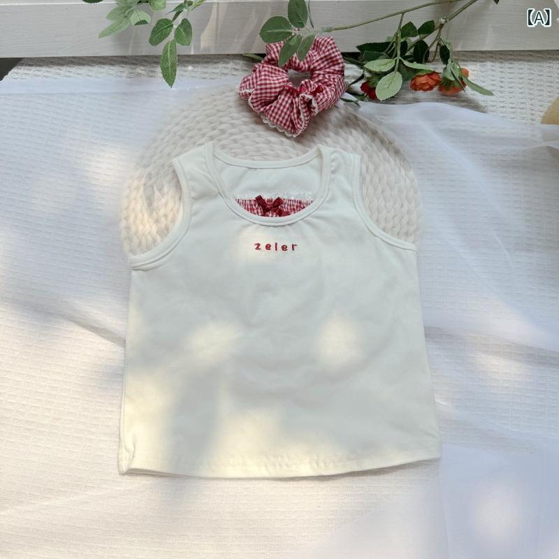 子供服 女の子 春夏 ケーキ柄 チェック柄 格子柄 蝶結び リボン 高腰 Aライン ハーフスカート 半身スカート 蓬蓬スカート 短めスカート 綿素材 柔らかい かわいい 少女向け 3〜8歳 無袖 トップス 付き 3点セット 夏服 通学 普段使い 軽量 伸