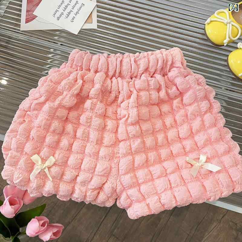 女の子 ショートパンツ キッズ レディース 糖果色 蝶結 リボン 短パン ハニカム 格子 ワッフル 泡泡 灯籠 シルエット ピンク ブラック グリーン 春夏 夏用 涼しい 柔らかい ポリエステル 綿混 中腰 ゴム ウエスト 普段使い 伸縮性 休闲 カジュ