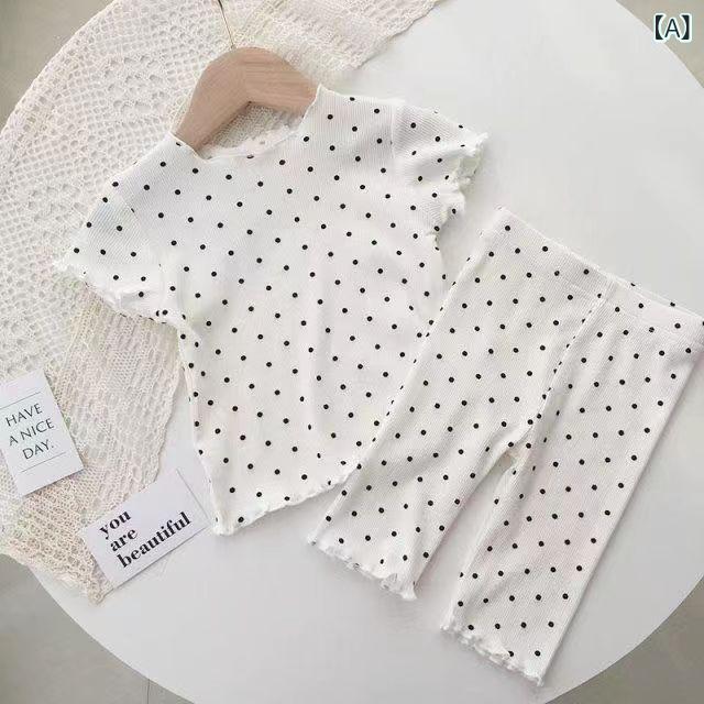 Long-Trousers, Trousers - 女児 プリンセス トップス 長ズボン セット 夏 接触冷感 薄手 短袖 柔らかい ポリエステル ドット柄 印花 かわいい 洋気 韓風 空调服 白 杏 コーヒー 抹茶 中小児 3〜8歳 80〜140cm