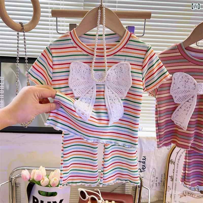 Rakuten - 女児服 キッズ ガールズ かわいい 蝶結び セットアップ 夏服 春夏 条紋 トップス 短袖 Tシャツ フレアパンツ 九分丈 2点セット 化繊 ポリエステル 柔らか素材 通気性 吸湿速乾 米色 ピンク 90-140cm