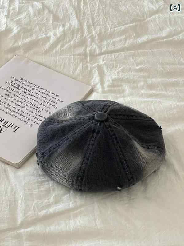 Cap - ベレー帽 デニム 春夏 レディース メンズ 破れ加工 水洗い 画家帽 大きめ頭囲 顔周りスッキリ 八角帽 通気性 遮陽 綿 個性派 インスピレーション風 ブラック ダークブルー ライトブルー 軽量 カジュアル 普段使い