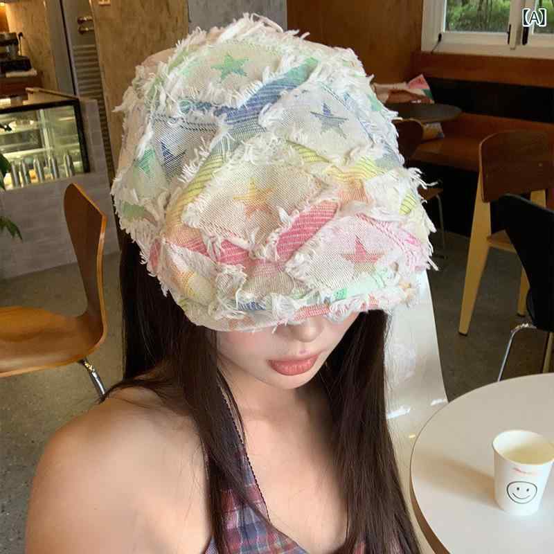 Cap - キャップ 男女兼用 女性用 夏 春夏 刺繍 彩色 星柄 大つば ベレー帽風 調整可能 軽量 休日用 カジュアル 顔小さ効果 フェイスフレーミング ユニセックス ハット