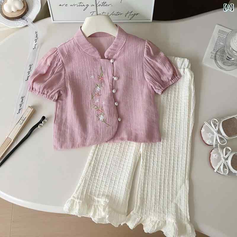 ・カテゴリ: 子供服セットアップ・対象性別: 女の子・スタイル: 韓国風・セット内容: トップス、パンツ（2点セット）・対象年齢: 3〜8歳・袖丈: 半袖・パンツ丈: 九分丈・生地の厚さ: 薄手・デザイン・要素: セットアップ、キャラクター、キュート・主な素材: 綿 80%・安全基準: B類・開閉様式: シングルブレスト・カラー: ピンク（刺繍入り半袖シャツ、ワイドパンツ）・サイズ展開: 90cm、100cm、110cm、120cm、130cm、140cm