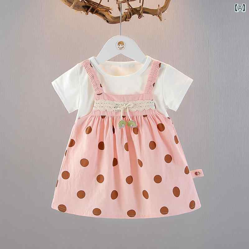 樂天商城 - 女児 ワンピース 女の子 ベビー 子供服 夏 春夏 短袖 プリンセス デザイン かわいい Aライン スカート 綿 ピンク グリーン イエロー ポルカドット 柄 軽量 通気性 吸湿速乾 普段使い 66cm 73cm 80cm 90cm 100cm 110c