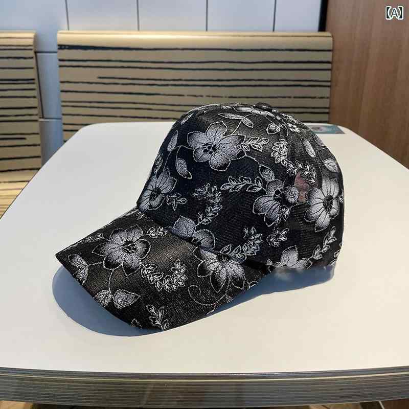 Cap - 野球帽 女子 春夏 花柄 プリント かわいい ファッション 調整可能 透気性 軽量 防紫外線 遮陽 丸頂 曲檐 ブラック ホワイト ピンク 天藍 春 花 植物柄 街着 普段使い 通勤 ユース カジュアル