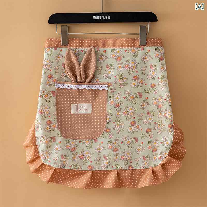 エプロン ウサ耳 半身 女性用 夏 帆布 接触冷感 透気 花柄 家用 キッチン 防汚 短め 無袖 現代簡約 多色 緑 ピンク ブルー 綿混 軽量 普段使い
