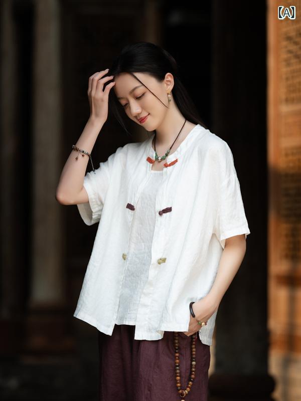 Rakuten - シャツ レディース 短袖 麻 麻服 中華風 復古 切り替え 盤ボタン 丸首 ゆったり 春夏 白色 麻色 コーヒー カラー 吸湿速乾 軽量 通勤 普段使い