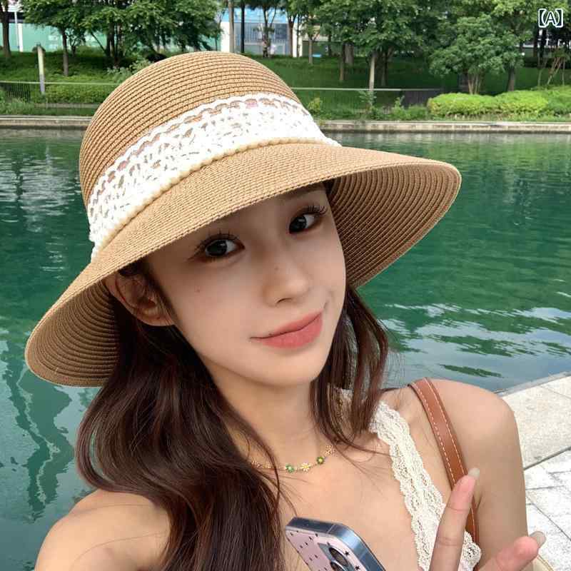 麦わら帽子 レディース 春夏 大檐 手編み パール レース 蝶結び かわいい かき色 米色 海辺 沙滩 防晒 遮阳 軽量 通勤 普段使い アウトドア 草編み 遮顔 保護 甘め 田園 清新