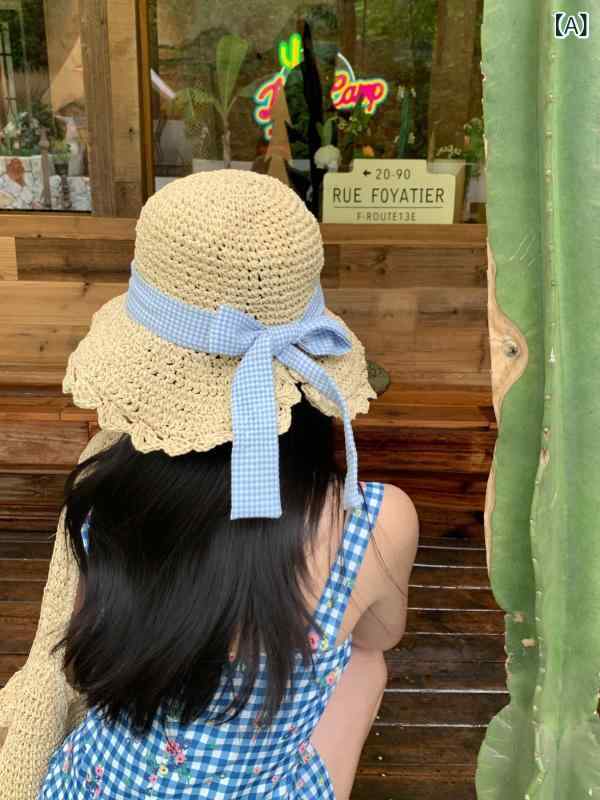 乐天商城 - 麦わら帽子 女性用 夏 春夏 海辺 ビーチ バカンス 遮陽 大帽檐 蝶結 リボン 紐 調整可能 透気 防風 折りたたみ 円頂 草編み 手編み 米色 卡其色 かわいい 韓国風 清新 スイート ベージュ系