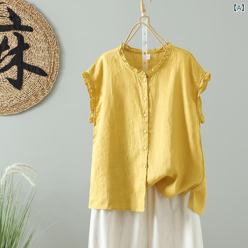 Rakuten - ブラウス 女性 無袖 麻 シャツ トップス レディース 夏 春夏 接触冷感 薄手 軽量 吸湿速乾 通気性 良い 花辺 領 切り替え デザイン ゆったり シルエット 黄色 ホワイト ピンク ネイビー 純色 コットン 混 シルク加工 セットイン 袖なし 普通