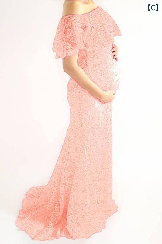 narukiのマタニティドレス 女性用 レース 短袖 ロングスカート フリルスカート 丸首 ハイウエスト ドロップショルダースリーブ 切り替え セットアップ 単品 基本款 腈纶 白 ベージュ ピンク ワインレッド 秋 かわいい 甘め 清新 スイート ヨーロピアン 軽量｜アングル3