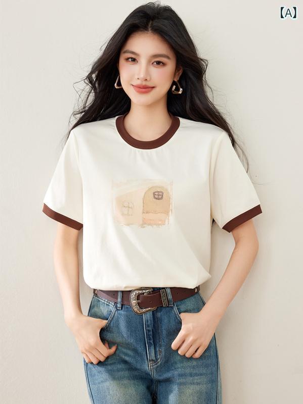 Tシャツ 女性用 短袖 春夏 綿 スパンデックス 切り替え プリント 丸首 短丈 正肩 軽量 伸縮性 吸湿速乾 日韓カジュアル 普段使い 部屋着 ピンク系 アイボリー トップス 小衫 上衣 休闲 気質 优雅 ショート丈 肩正しい ファッション 韓国風 narukimar-10663849 naruki パッケージ画像