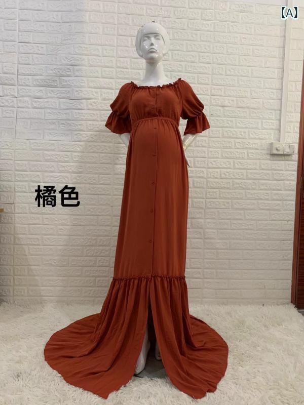 乐天商城 - マタニティワンピース レディース 妊婦用 Aライン ロング丈 ワンピースドレス 泡泡袖 ボタン 切り替え デザイン 一字肩 Vネック 半袖 涤綿 ポリエステル 再生繊維 単色 無地 オレンジ ピンク系 杏色 ワインレッド 夏 春夏 快適 ゆったり ストリ