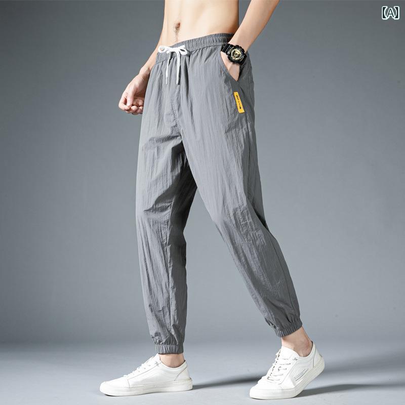 乐天商城 - メンズ 夏季 接触冷感 速乾パンツ 超薄 吸湿速乾 メンズ 九分 ハーフパンツ メンズ 韓国風 ゆったりパンツ メンズ 束脚パンツ メンズ ハランパンツ メンズ 運動パンツ メンズ ポリエステル ストレッチ グレー ブラック グリーン ロケテン裾 免燙