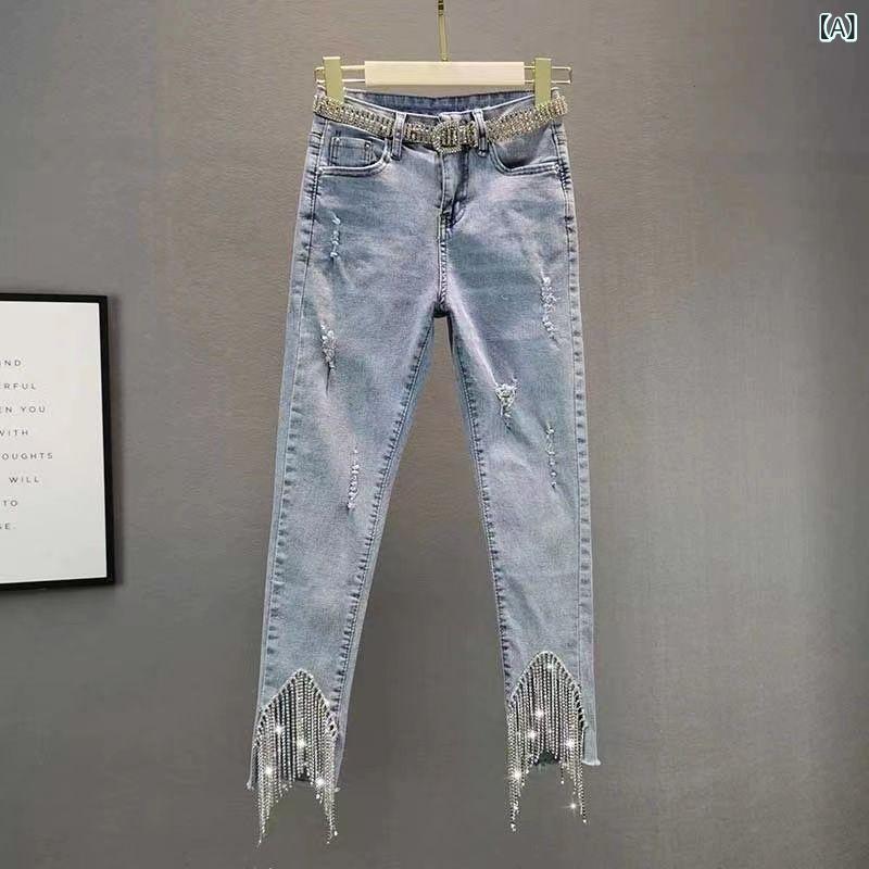 樂天商城 - デニムパンツ 女性用 春夏 ハイウエスト 修身 ストレッチ 九分丈 小脚 ワイドレッグ 気質 通勤 都市 カジュアル 綿素材 軽量 薄手 水晶 フリンジ ライトブルー 切り替え 吸湿速乾